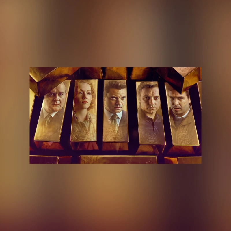Image of 5 blocks of gold bullion showing the actors faces reflected in them.